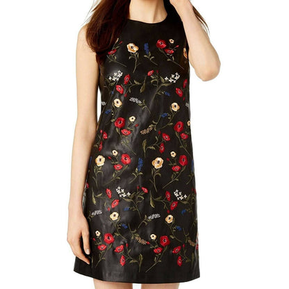 CALVIN KLEIN LADIES FAUX LEATHER EMBROIDERED SHIFT DRESS