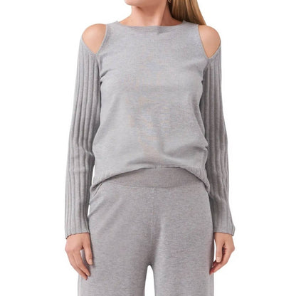 Vince Camuto Light Gray Cold Shoulder Sweater w/ Ribbed Accents