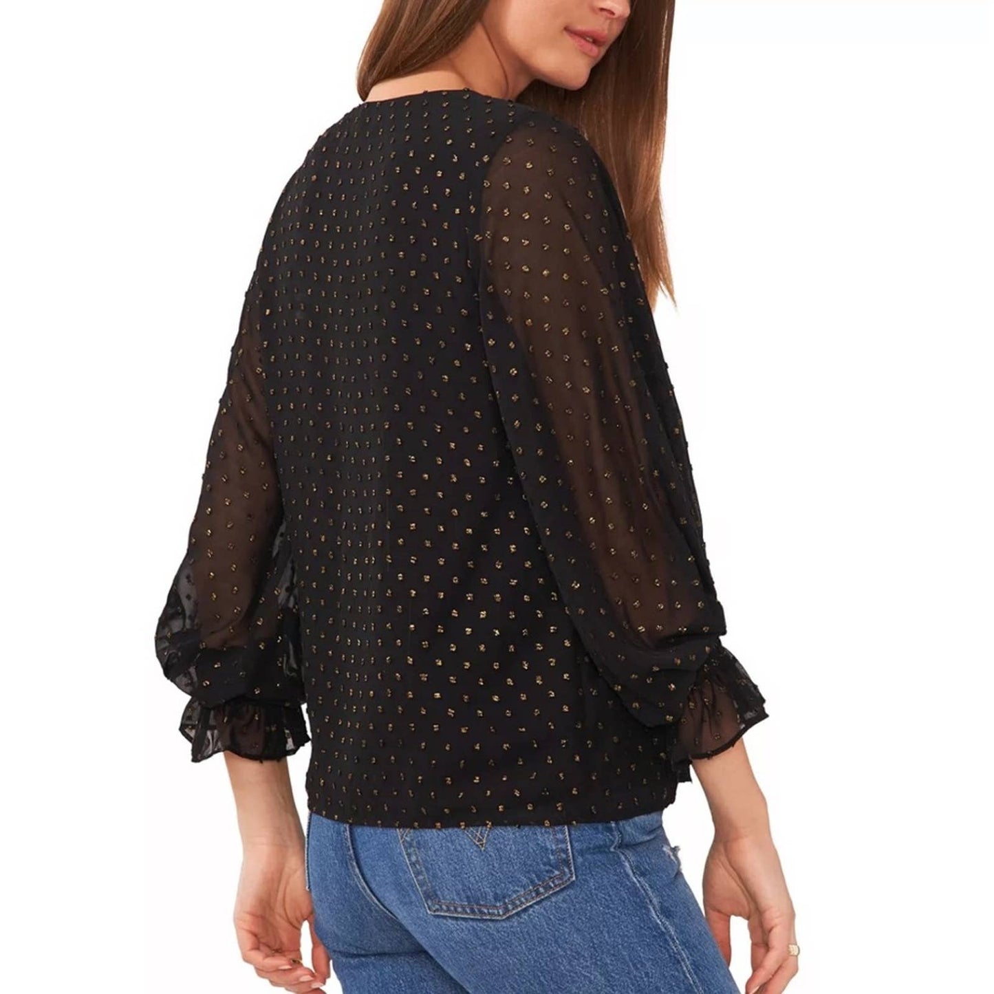 Vince Camuto Black & Gold Polka Dot Blouse w/ Ruffle Sleeves, Textured, NWT!!