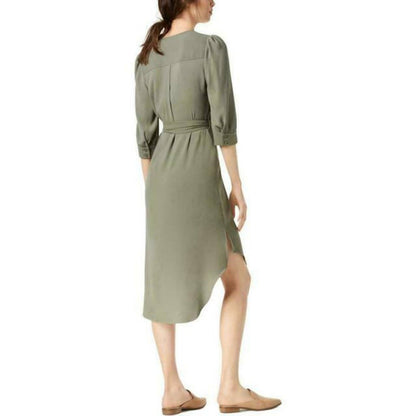 BAR III LADIES FAUX WRAP FRONT DRESS, HI LOW, TIE BELT, DUSTY OLIVE