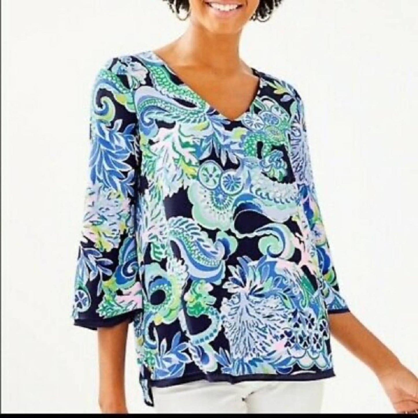 Lilly Pulitzer Ladies Blue & White Floral Paisley Florin Reversible Blouse, NWT