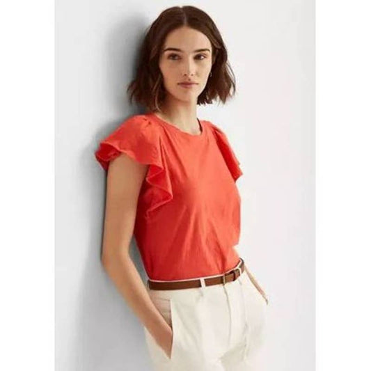 Lauren Ralph Lauren Ladies Hyannis Port Orange Ruffle Sleeve Jersey Top, Large