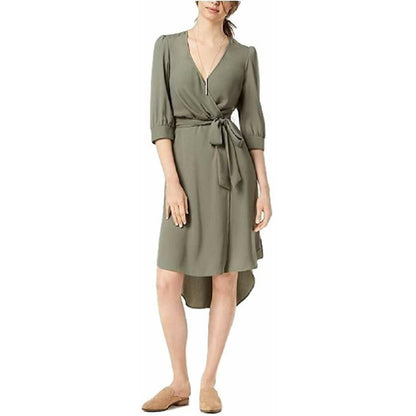 BAR III LADIES FAUX WRAP FRONT DRESS, HI LOW, TIE BELT, DUSTY OLIVE