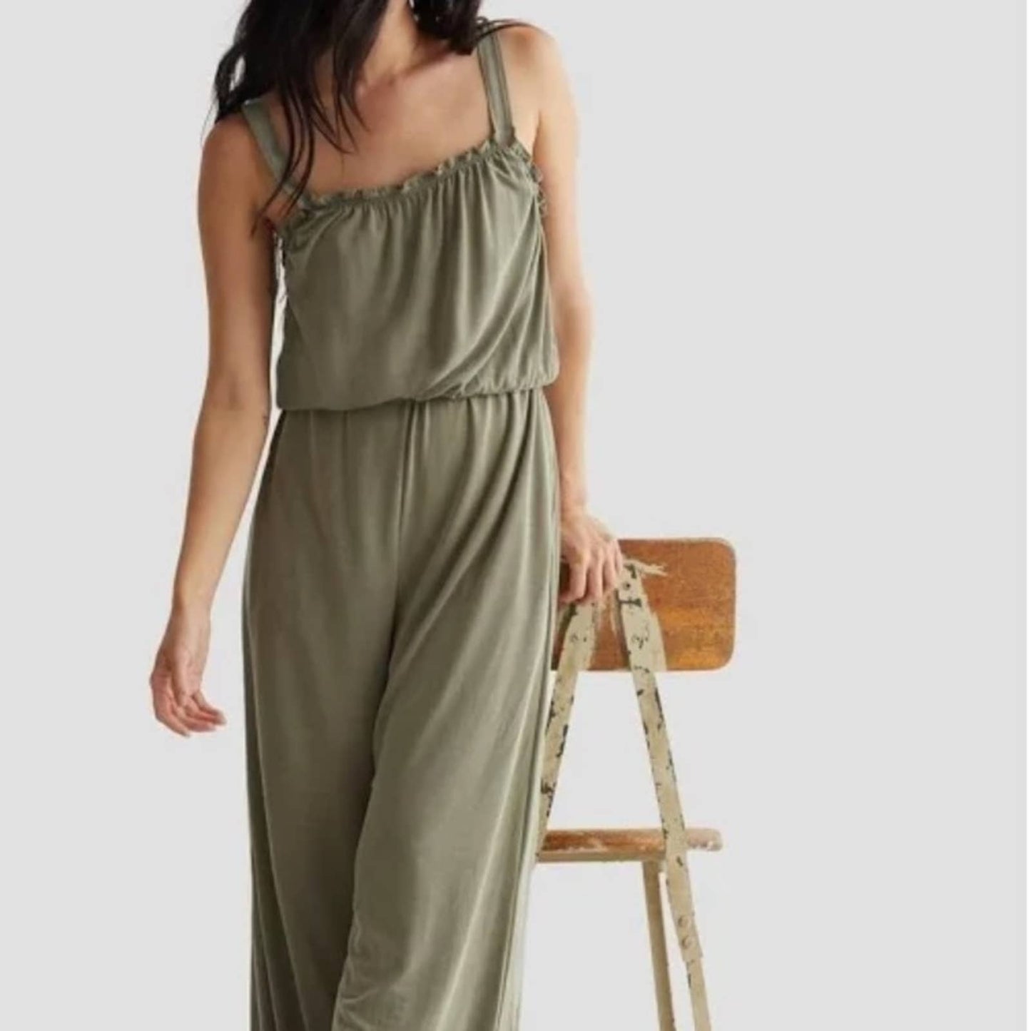 Lucky Brand Olive Green Jumpsuit w/ Ruffle Details, Pockets, Tank Top Straps NWT