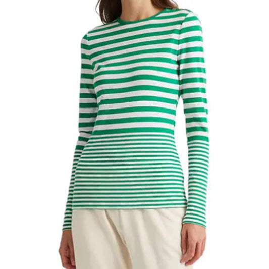 Lauren Ralph Lauren Women's White & Green Striped Cotton Shirt, Long Sleeve