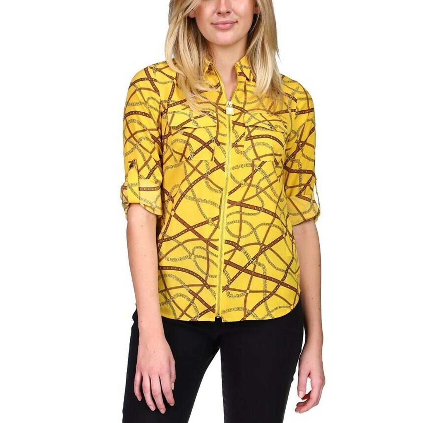 MICHAEL Michael Kors Printed Zip-Front Top, Regular & Petite, Buttercup NWT