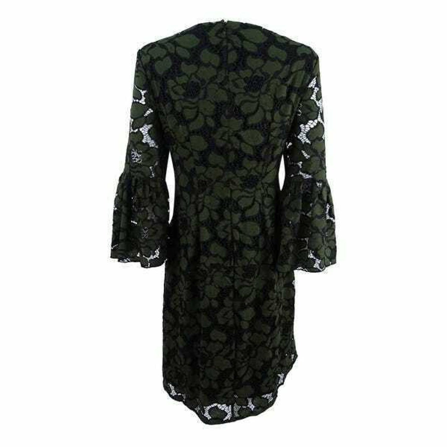 ALFANI LADIES AUTUMN MOSS CROCHET LACE BELL SLEEVE DRESS, BLACK/MOSS, 12,NWT