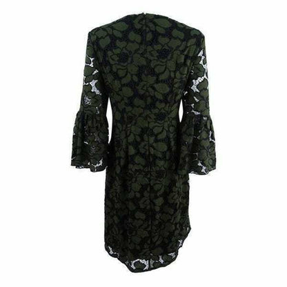 ALFANI LADIES AUTUMN MOSS CROCHET LACE BELL SLEEVE DRESS, BLACK/MOSS