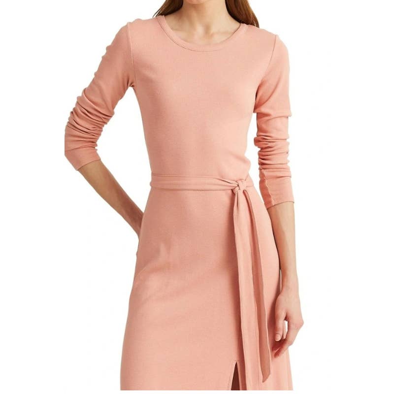 Lauren Ralph Lauren Women's Rose Tan Pink Long Sleeve Ribbed Dress, Belted