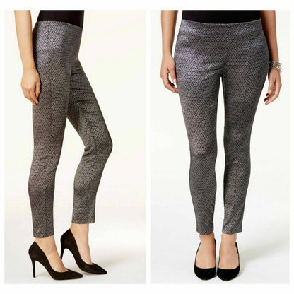 ALFANI LADIES SKINNY LEG TUMMY CONTROL PANTS, SILVER BLACK CAMELOT JACQUARD