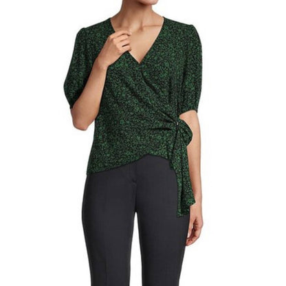 Michael Kors Black & Moss Green Floral Print Wrap Front Blouse