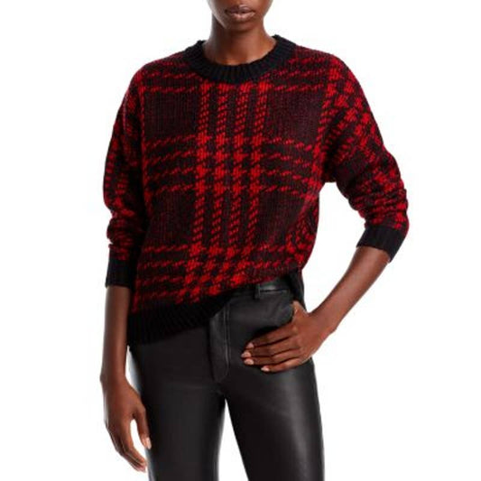 AQUA Women's Black & Red Plaid Knit Sweater, Long Sleeve Crewneck, Size M