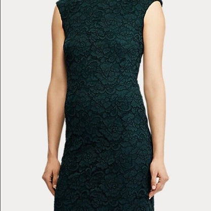 Ralph Lauren Dark Fern Green "Cithya" Dress w/ Lace Overlay, Cap Sleeves