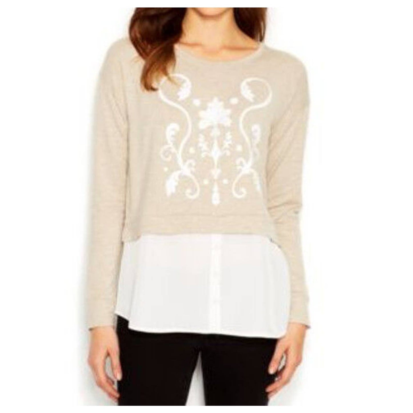 KENSIE Ladies Layered Look Long Sleeve Tee, Heather Latte Combo, Small, NWT! $69