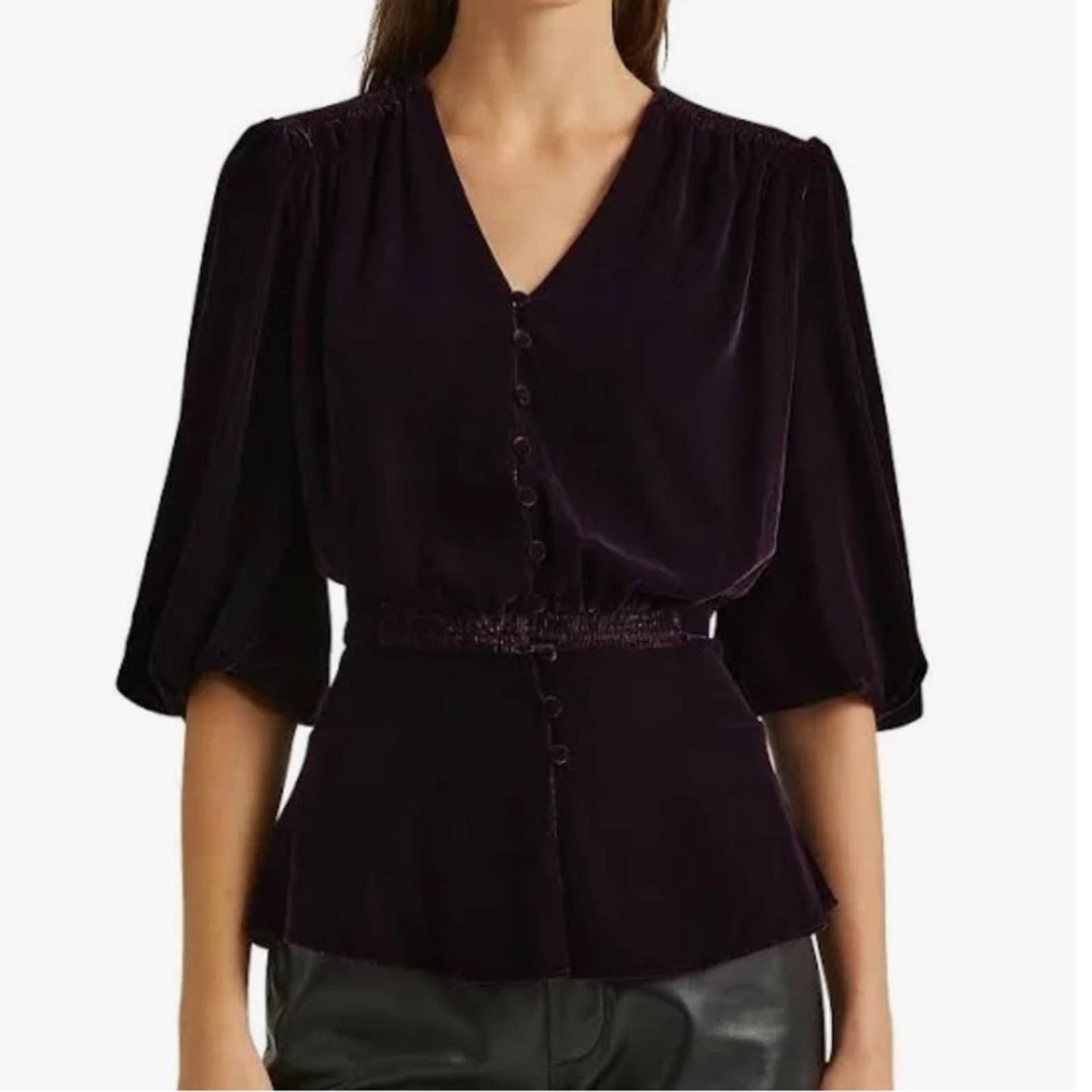 Lauren Ralph Lauren Deep Purple Velvet Peplum Blouse, Button Up, Size 6, NWT!!