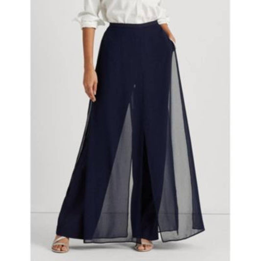 Lauren Ralph Lauren Women's Navy Blue Georgette Straight Leg Jersey Pants