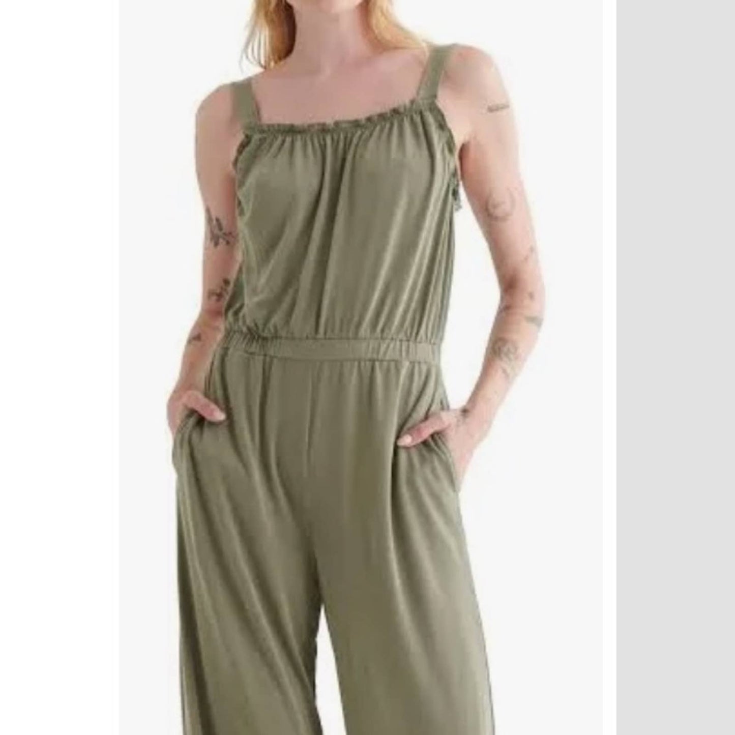 Lucky Brand Olive Green Jumpsuit w/ Ruffle Details, Pockets, Tank Top Straps NWT