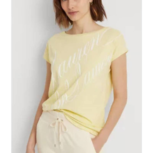 Lauren Ralph Lauren Women's Yellow Bloom Logo Script Cotton Blend Tee Shirt