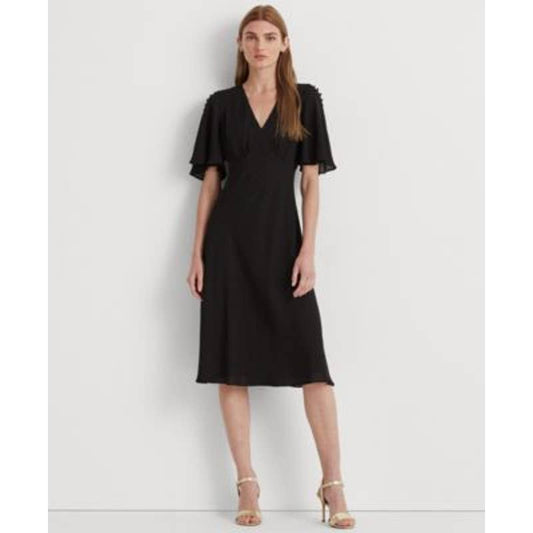 Lauren Ralph Lauren Women's Black "Georgette" Flutter Sleeve Button Dress, 10