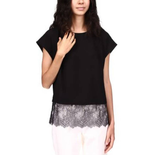 Michael Kors Women's Black Lace Hem Blouse, Short Cap Sleeves, Size Large