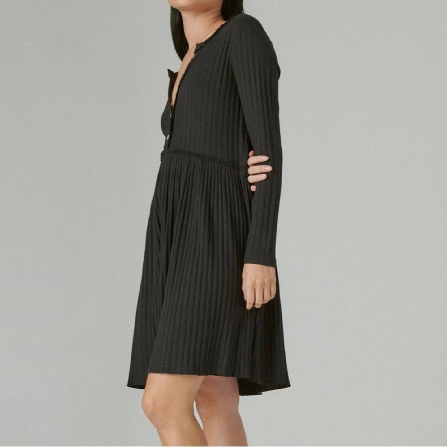 Lucky Brand Ribbed Black Smock Dress, Button Up V-Neck, Long Sleeve, Size XS NWT