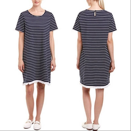 Beach Lunch Lounge Ladies Navy Blue & Cream Striped T-Shirt Dress w/ Fringe, S
