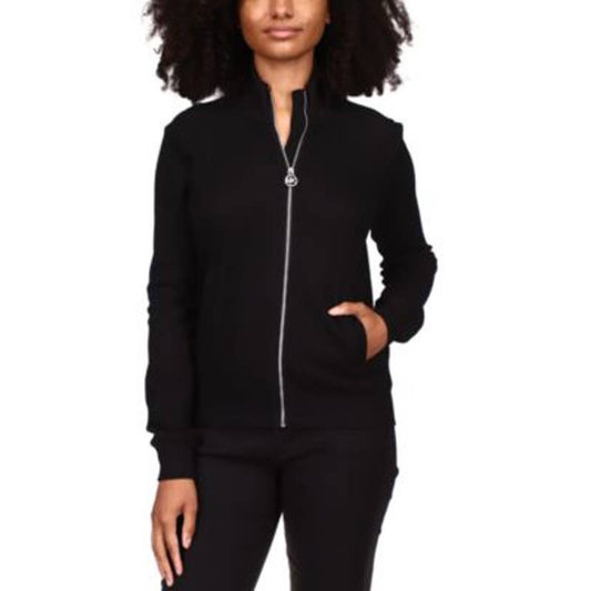 Michael Kors Women's Black Ribbed Zip Front Sweater Jacket, Mock Neck, Size XL
