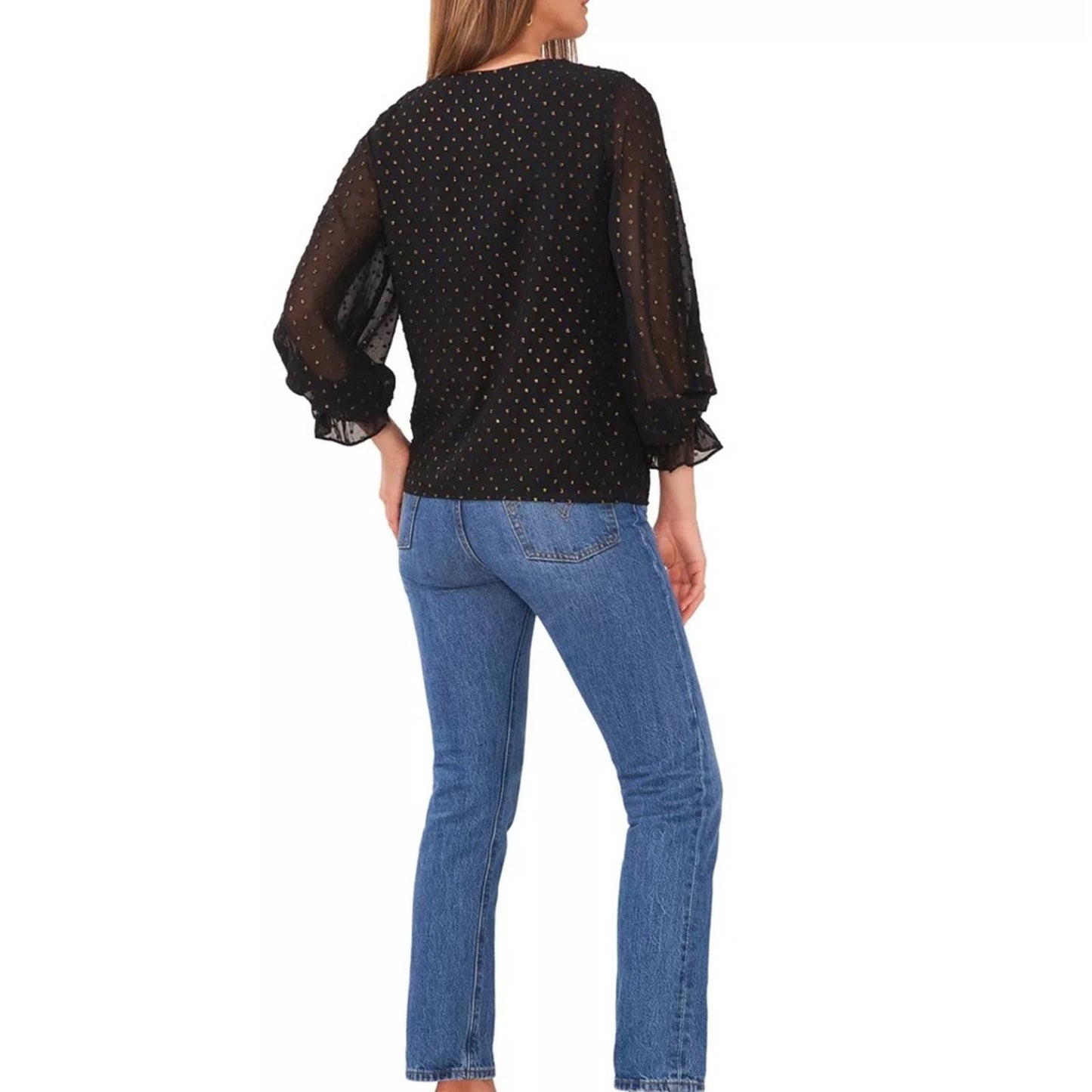 Vince Camuto Black & Gold Polka Dot Blouse w/ Ruffle Sleeves, Textured, NWT!!