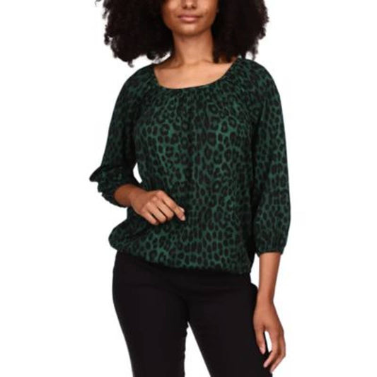 Michael Kors Women's Green & Black Cheetah Print Smock Peasant Top, Size PS