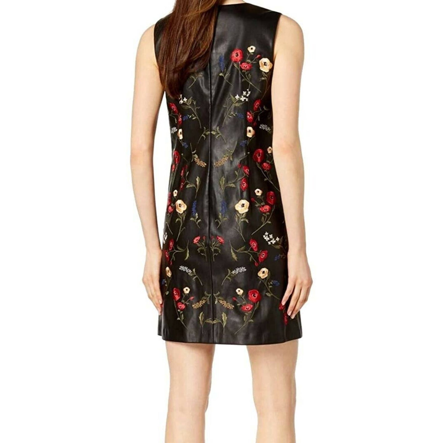 CALVIN KLEIN LADIES FAUX LEATHER EMBROIDERED SHIFT DRESS, 6, NWT $189