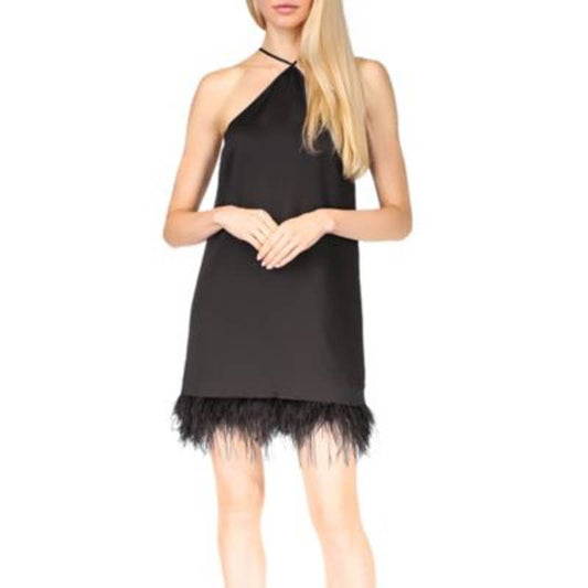 Michael Kors Ladies Black Feather Trim Halter Dress, Size XS, NWT!