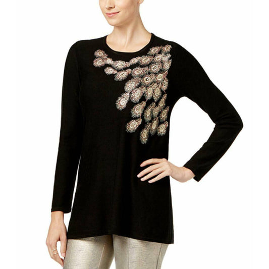 ALFANI, Ladies Rose Shimmer Deep Black Sweater, Peacock Feather Med NWT, $89.50