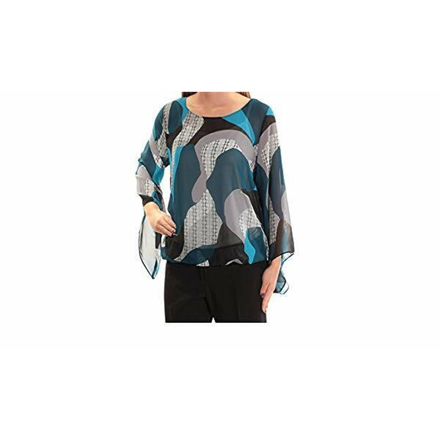 ALFANI LADIES GEOMETRIC PRINT ANGLED SLEEVE BLOUSE, BLACK BLUE MULTI SM NWT $69