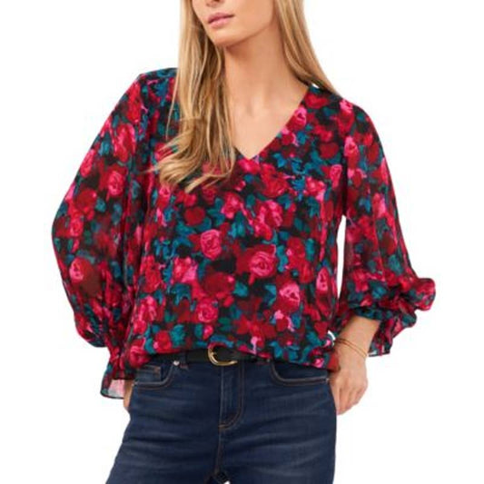 Vince Camuto Women's Red & Pink Rose Print Blouse, Smocked Sleeves, Size XXS