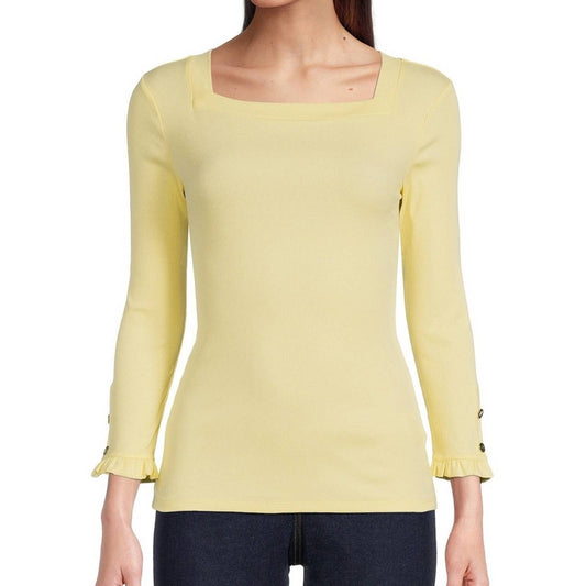 Lauren Ralph Lauren Bright Yellow Ruffle Sleeve Tee Shirt, Square Neck