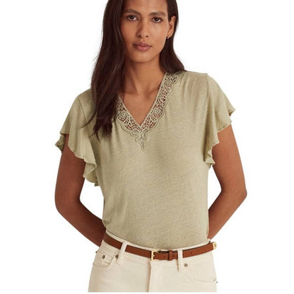 Lauren Ralph Lauren Linen-Blend Jersey Flutter-Sleeve Blouse Ranch Sage