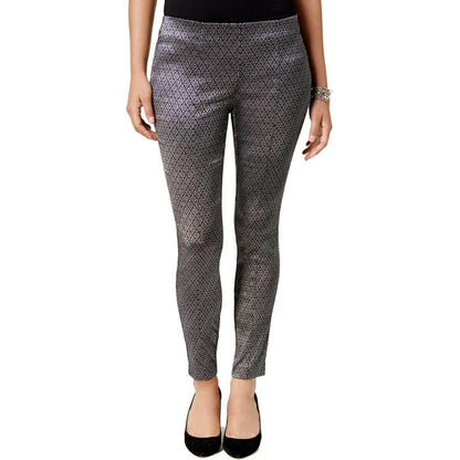 ALFANI LADIES SKINNY LEG TUMMY CONTROL PANTS, SILVER BLACK CAMELOT JACQUARD