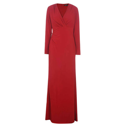 LAUREN RALPH LAUREN LADIES ROWENAH RUCHED JERSEY SURPLICE BALL GOWN, RED