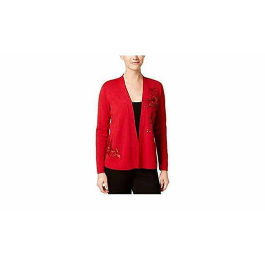 ALFANI LADIES OPEN FRONT CARDIGAN SWEATER, SEQUIN DETAIL BANNER RED, M, NWT