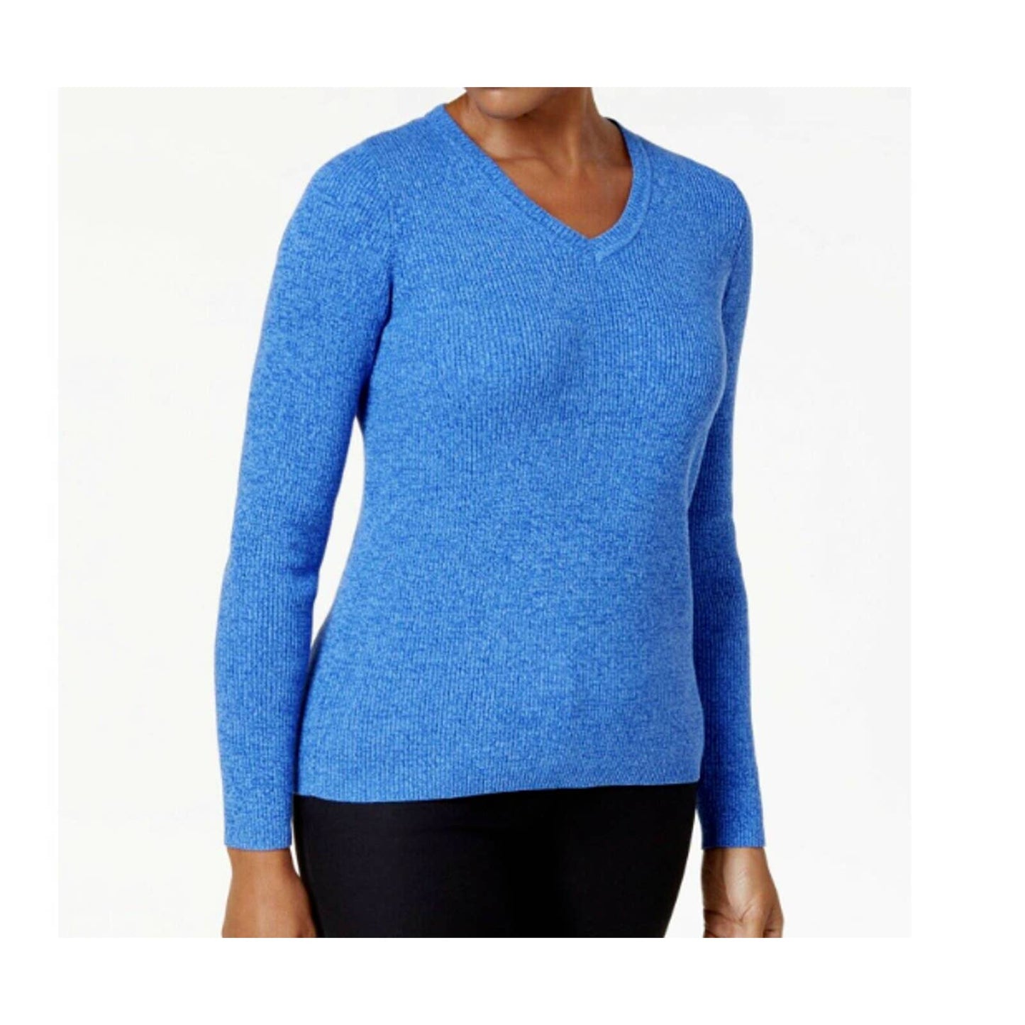 KAREN SCOTT, Ladies Pacific Blue Ribbed V-Neck Sweater, Size Petite XL, NWT, $47