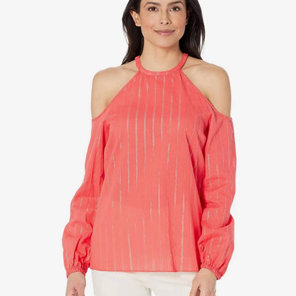 Michael Kors Sangria Pink Cold Shoulder Blouse w/ Gold Glitter Accents