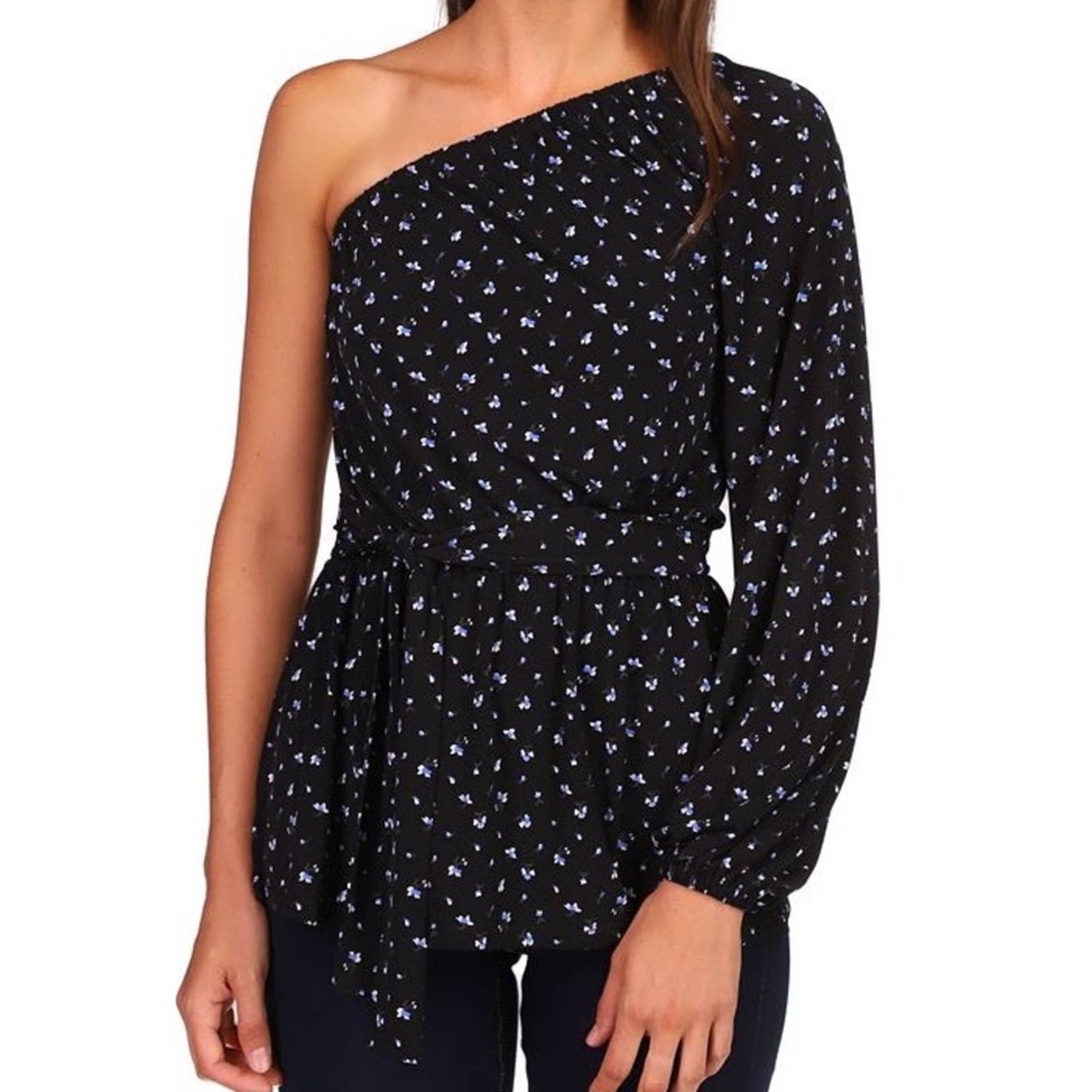 Michael Kors Black Jersey Blouse w/ Blue & White Floral Pattern, One Shoulder!