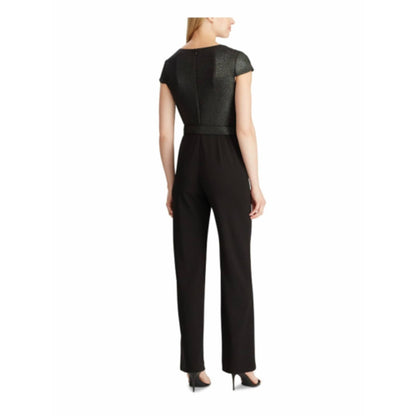 Ralph Lauren Women's Surplice Jumpsuit Black Glitter Cap Sleeve V-Neck