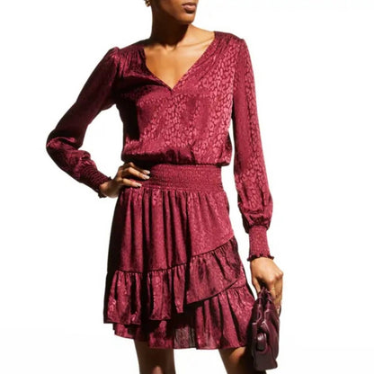 Michael Kors Dark Ruby Red Leopard Print Embossed Ruffle Dress