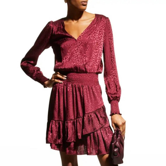 Michael Kors Dark Ruby Red Leopard Print Embossed Ruffle Dress, Size XS, NWT!!