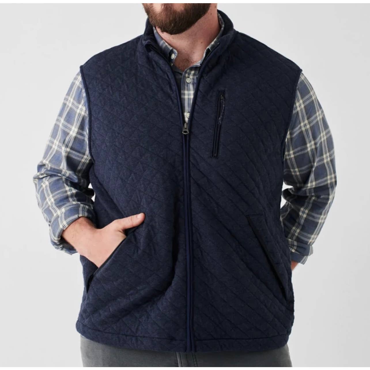 Faherty Men's "Epic Melange" Quilted Fleece Vest, Navy Blue, ZipUp, Size Medium