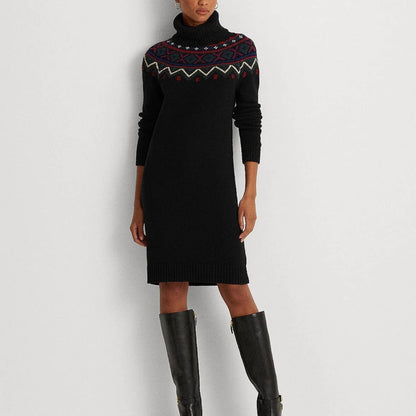 Lauren Ralph Lauren Black Knit Sweater Dress w/ Green, Red, & Blue Stitching