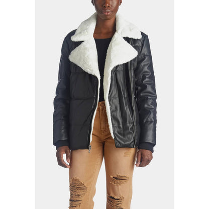 Asymmetrical Vegan Leather Moto Puffer Jacket Faux Fur Trim