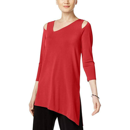 ALFANI LADIES COLD SHOULDER ASYMMETRICAL, Solid Banner Red Tunic Top