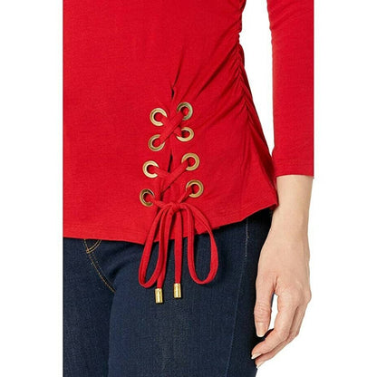 Michael Kors Ladies Lace-Up Detail 3/4-Sleeve Top Crimson PM, NWT $78